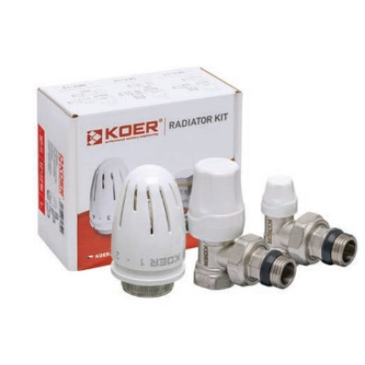 Фото Кран радиаторный 1/2 к-т (обратка+подача+термоголовка) Koer SET-11