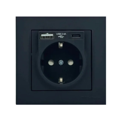 Фото Розетка 1-на із заземленням чорна USB + Type-C 2,4A Mutlusan Rita