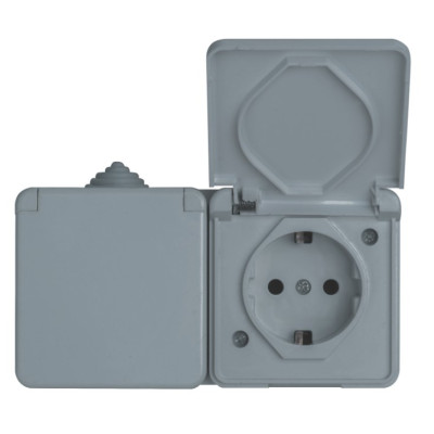 Фото Розетка накладная двойная с/з с крышкой IP54 16 А серая Marso Aqua Plus